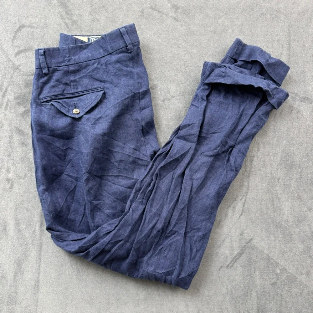 Polo Ralph Lauren Mens Navy Blue 100% Linen Pleated Cuffed Trousers Pants 33x30